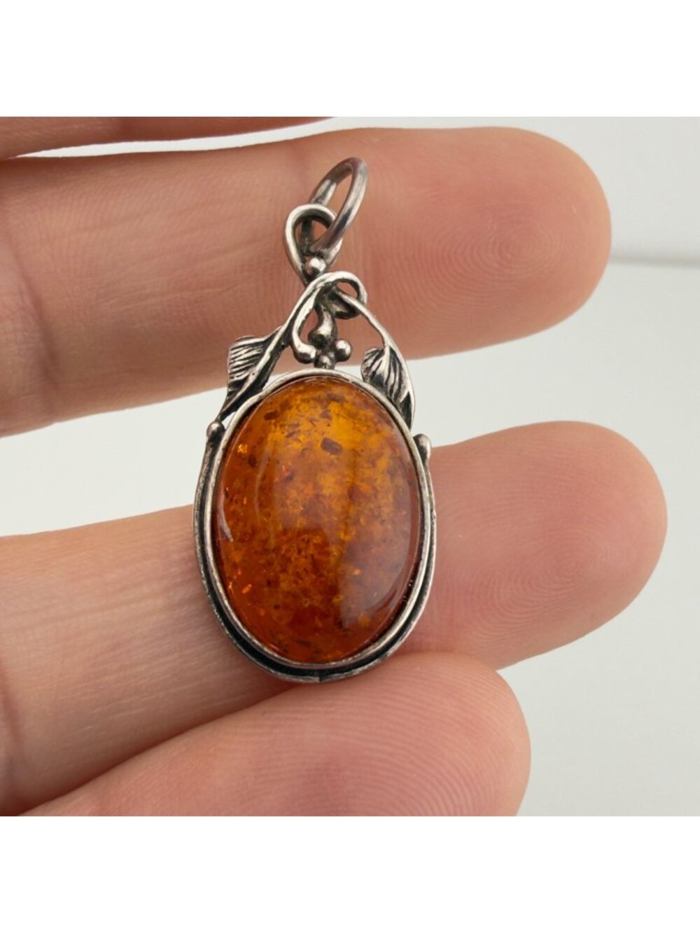 Vintage Amber Pendant Sterling Silver Oval Cabochon Leaf 1.5"